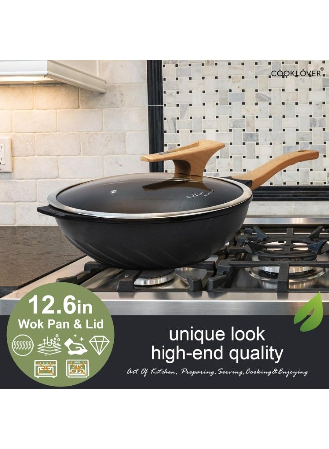 COOKLOVER Nonstick Woks And Stir Fry Pans Die-cast Aluminum Scratch Resistant 100% PFOA Free Induction Wok pan with Lid 12.6 Inch - BK - Image 5